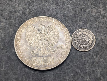 1845 France 1/4 Silver Franc & 1988 Poland 50000 Silver Zlotych