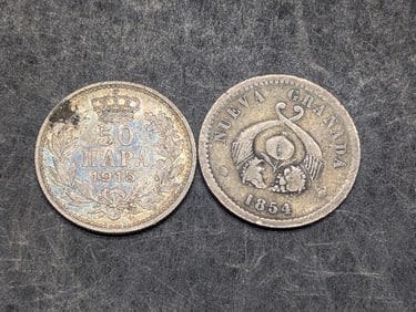 1915 Serbia 50 Silver Para & 1854 Columbia New Granada 1 Silver Decimo