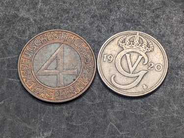 1920-W Sweden 50 Ore w/ Round O (KM-796) *VF* & 1932 Weimer Germany 4 Reich pfennig