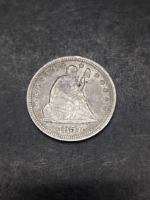**XF** 1857 w/ Drapery Seated Liberty Quarter