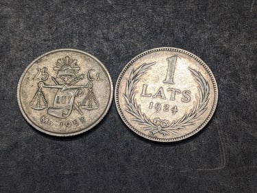 1953-Mo Mexico 25 Silver Centavos & 1924 Lativa 1 Silver Lats