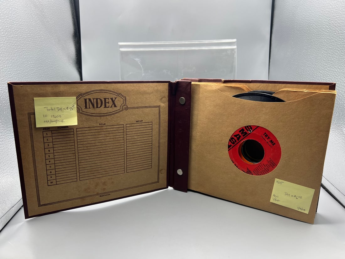 Ten (10) 1960's R&B/Soul 7-inch 45 rpm records in album folder. Artists include: James Brown, Big: Ten (10) 1960's R&B/Soul 7-inch 45 rpm records in album folder. Artists include: James Brown, Wallace Brothers, Marva Whitney, The Tams, Big Sambo, Rosco Robinson, Sam Cooke, The Contours, Marsha Brod