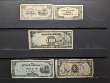 1943 Japan 10, 50 Centavos And 1, 10, 100 Pesos Philippines WWII Military Invasion Currency. 5