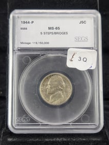 1944-P Jefferson Nickel Slabbed by SEGS MS65 Full Steps