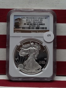 2012-S Early Release Proof Silver American Eagle Graded PF 69 Ultra Cameo By NGC Grading Company.