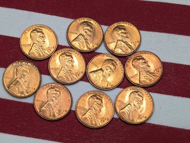 Ten Red Brilliant Uncirculated 1938-S Lincoln Head Wheat Cents.