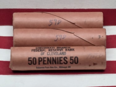 Three 1959-D Brilliant Uncirculated Unopened Federal Reserve Bank Lincoln Head Cent Rolls. 3 Rolls.