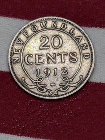 1912 Newfoundland 20 Cent Piece Sterling Silver (.925) Coin. George V Portrait.