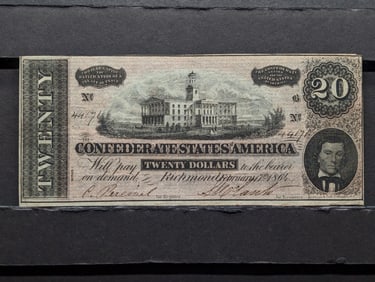 1864 $20 Confederate States Of America Bearer Note. Vignette: TN State Capitol, Nashville. Lower