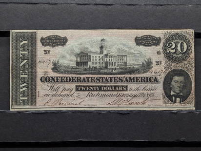 1864 $20 Confederate States Of America Bearer Note. Vignette: TN State Capitol, Nashville. Lower: 1864 $20 Confederate States Of America Bearer Note. Vignette: TN State Capitol, Nashville. Lower Right: Alexander Stephens,