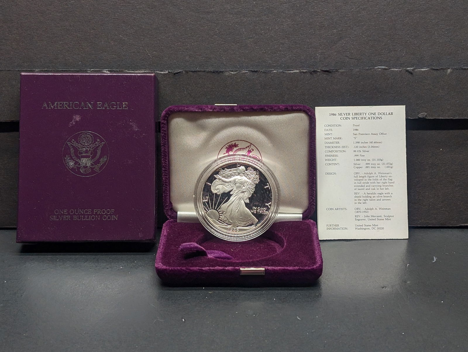 1986-S KEY DATE- Proof American Silver Bullion Eagle One Troy Ounce .999 Fine Silver OGP/COA (1 of 4)