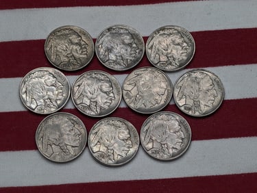 10 Almost Uncirculated Mixed Date Buffalo Nickels.