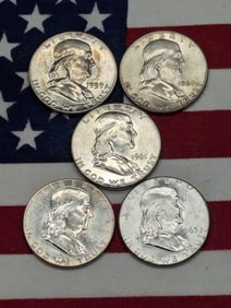 1959 1960 1961 1962 1963 Uncirculated U.S. Franklin Silver Half Dollars. 5 Coins.