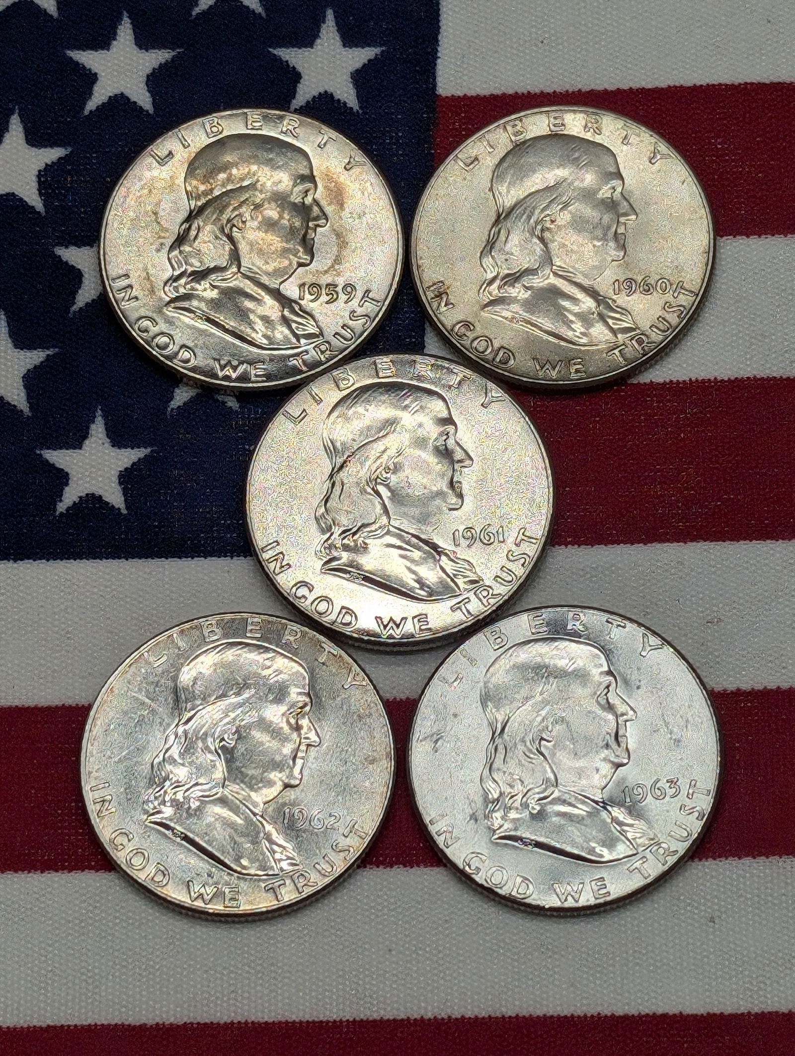 1959 1960 1961 1962 1963 Uncirculated U.S. Franklin Silver Half Dollars.  5 Coins. (1 of 2)