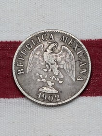 1902-Cn Mexico 20 Centavos 90% Silver Coin. OBV: Eagle With Snake. Culiacan Mint.