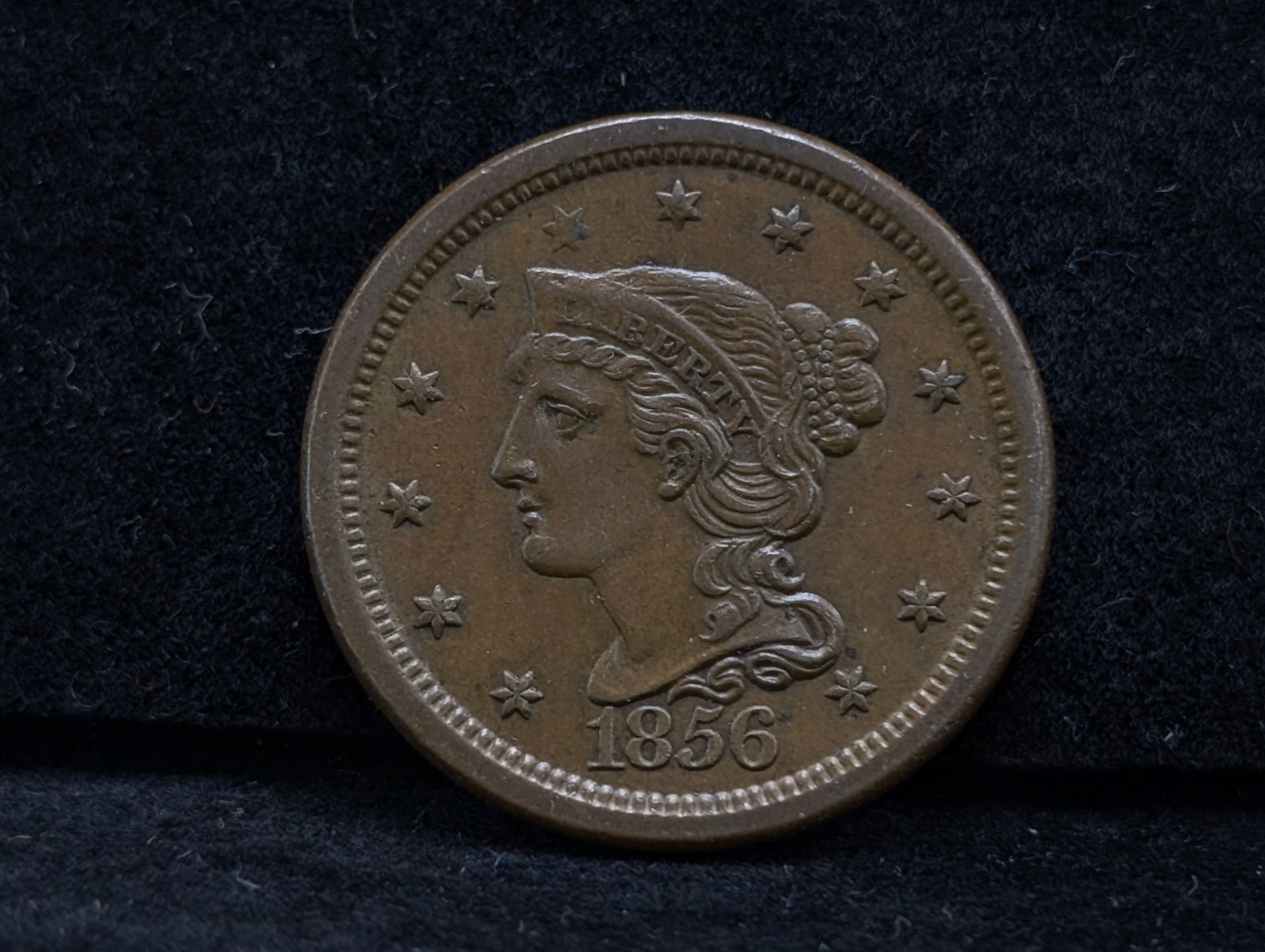 1856 Large Cent   Braided Hair  "knob on ear "   Slanted 5 (1 of 2)