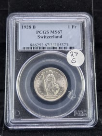 1928-B One Franc Switzerland PCGS MS67