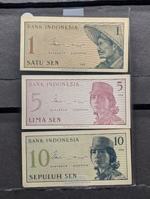1, 5, & 10 SEN Indonesia Bank Notes. All Mint.