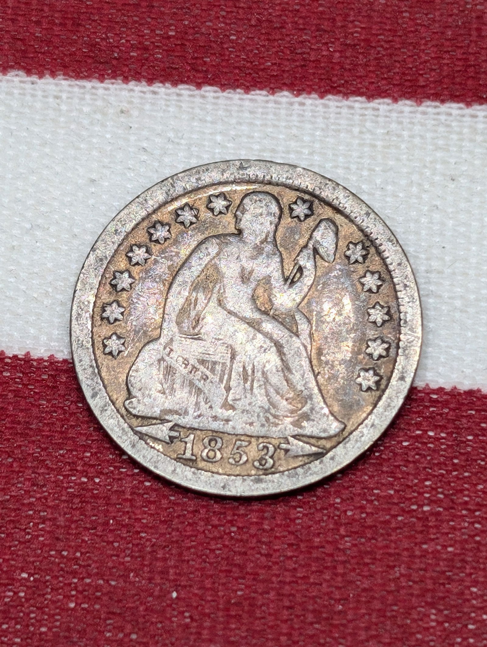 1853 With Arrows United States Seated Liberty Dime. Vintage Type Coin.: 1853 With Arrows United States Seated Liberty Dime. Vintage Type Coin.