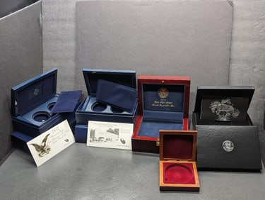 (5) Coin Presentation Boxes 4 from United States Mint (1) Walnut unmarked Box, Original Coins went