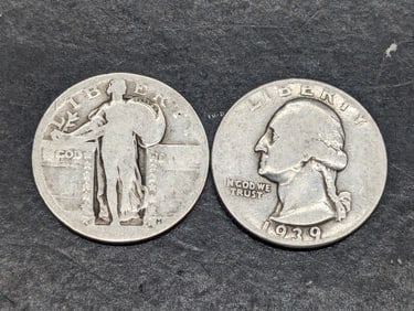 1939, WWII Era, 90% Silver Washington Quarter 86 Years Old & Standing Liberty No Date