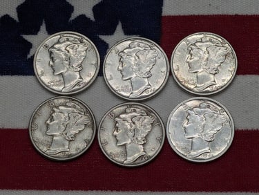 1940 1941 1942 1943 1944 1945 Mercury Head Dimes. 6 Coins.