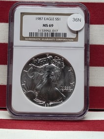 1987 Brilliant Uncirculated Silver American Eagle Graded MS 69 By NGC Grading Company.