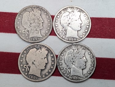 1899 1900 1901 1902 United States Barber Half Dollars. Vintage Type Coins.