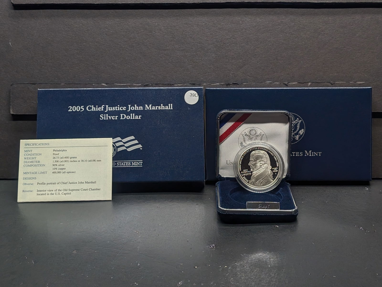 2005-P US Mint Proof Chief Justice John Marshall Commem. 90% Silver Dollar. OGP/COA. LOW MINTAGE-: 2005-P US Mint Proof Chief Justice John Marshall Commem. 90% Silver Dollar. OGP/COA. LOW MINTAGE- 400k