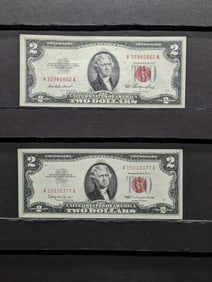1953 & 1963 $2 Red Seal United States Notes. Bust Of Thomas Jefferson.
