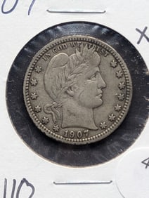 1907 Barber 25c. HIGH GRADE. 90% Silver. FULL LIBERTY. Tough Condition