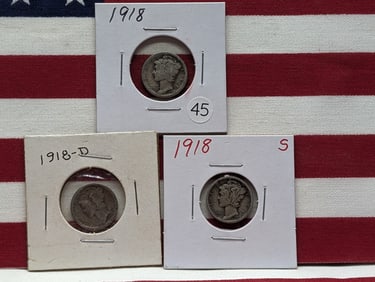 (3 coins) 1918 P, D, and S Mercury Dimes