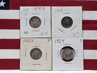(4 coins) 1919 P and D, 1923 P, 1924 S Mercury Dimes