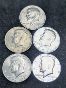 (5) Kennedy Half Dollars 1974, 1976-P, 1976-D, 1977, 1979