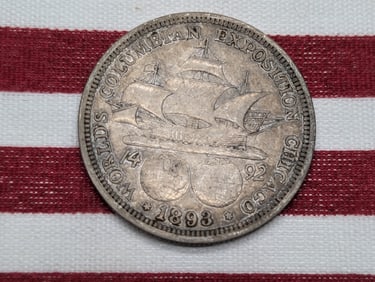 1893 Columbian Exposition Commemorative Silver Half Dollar. OBV: Santa Maria, 2 Globes. REV: