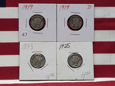 (4 coins) 1919 P and D, 1923 P, 1925 P Mercury Dimes