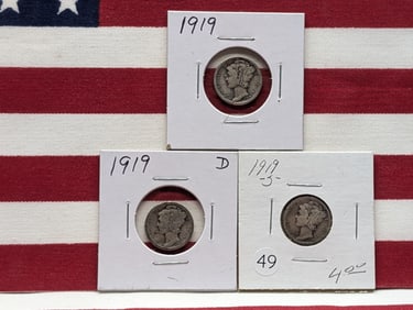(3 Coins) 1919 P, D and S Mercury Dimes