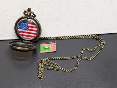 US Flag Pocket Watch, With Extra Battery, New, Works Great