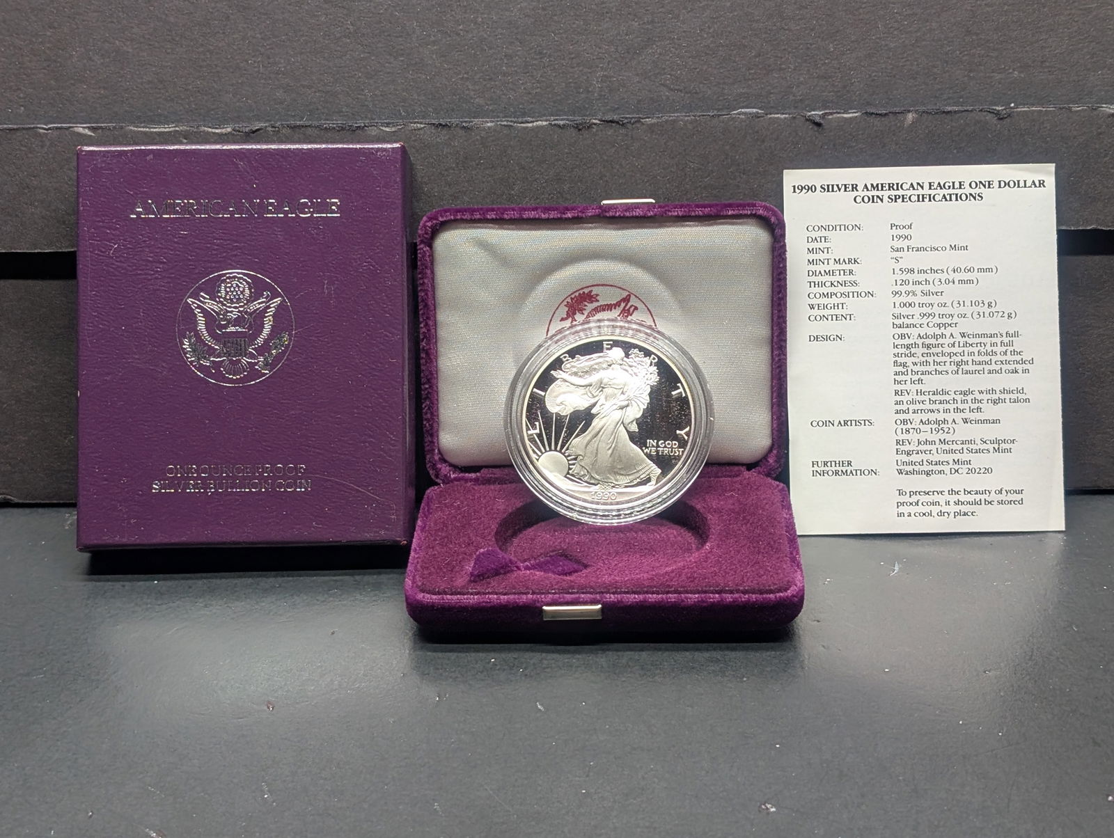 1990-S America Silver Eagle in OGP w/ COA (1 of 4)