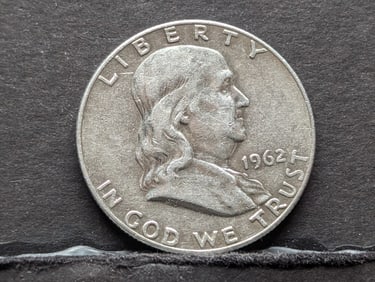 1962 D, AU-Full Bell Line, 90% Silver Franklin Half, 63 Years Old