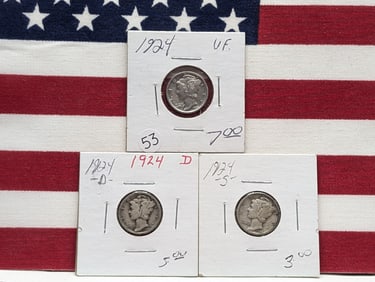 (3 Coins) 1924 P, D, and S Mercury Dimes
