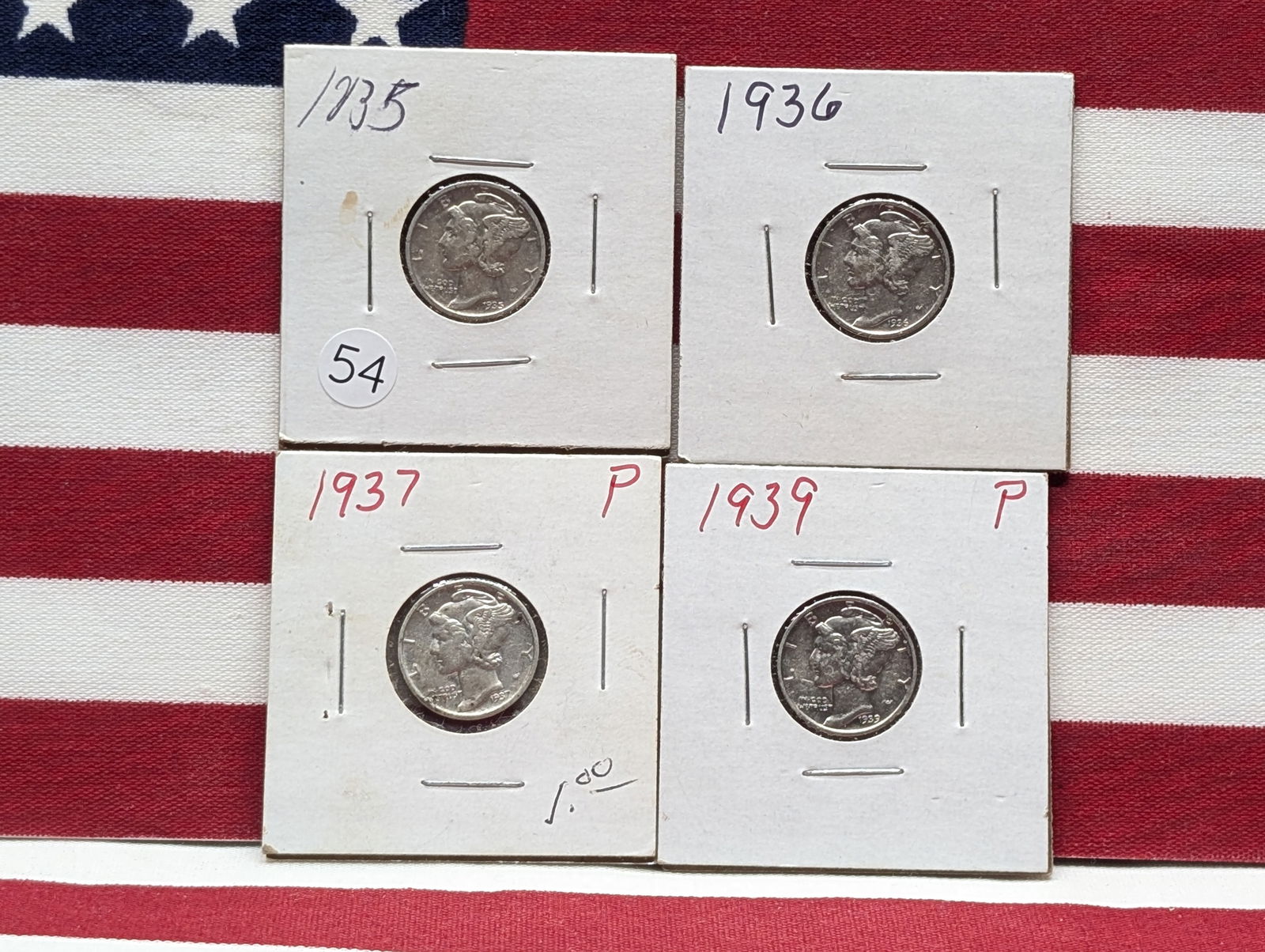 (4 Coins) 1935 P, 1936 P, 1937 P, 1939 P, Mercury Dimes (1 of 6)