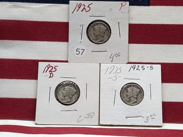 (3 Coins) 1925 P, D, and S Mercury Dimes