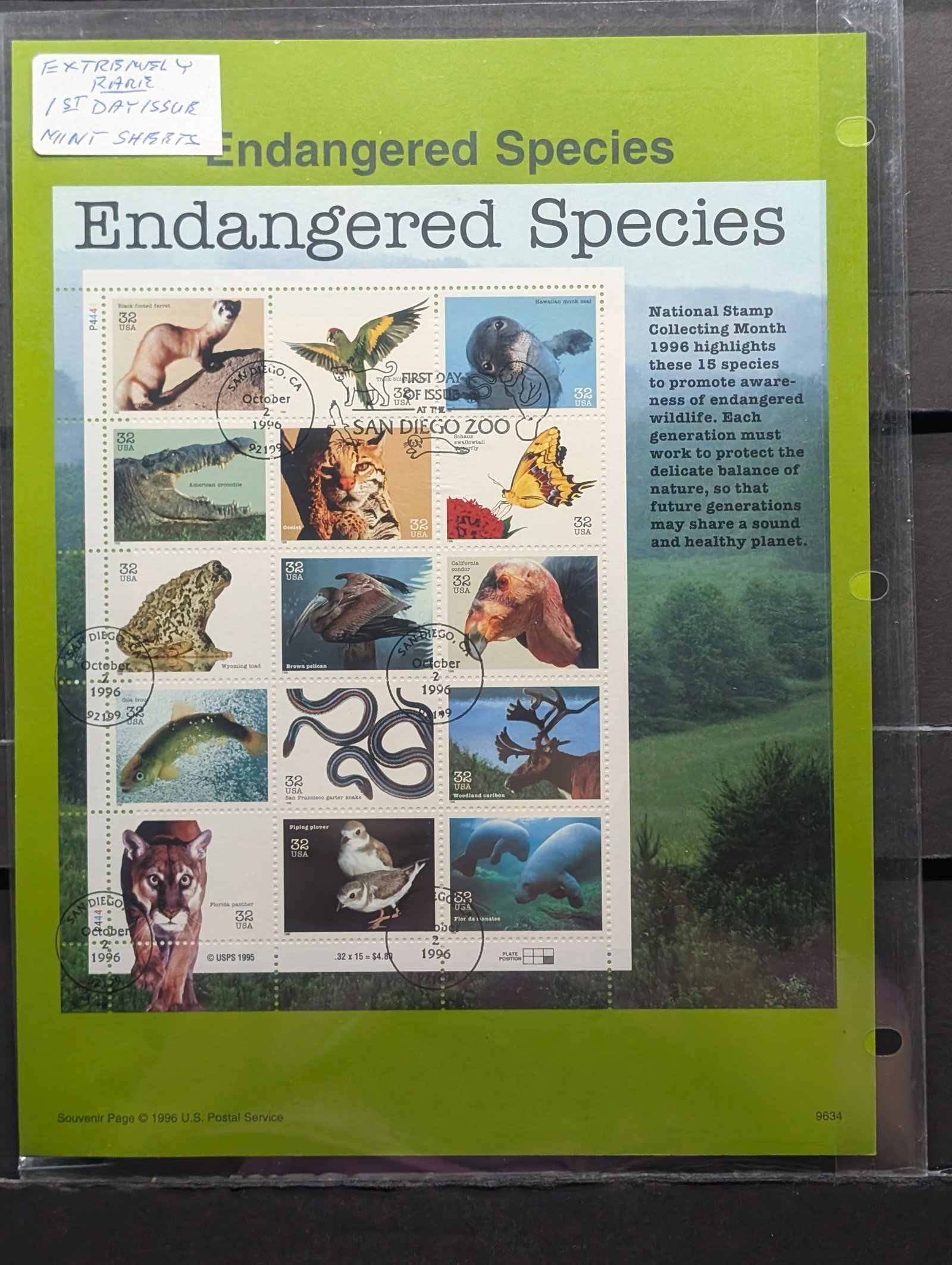 1996 Sleeve "Endangered Species" First Day Issue Stamps: 1996 Sleeve "Endangered Species" First Day Issue Stamps
