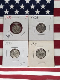 (4 Coins) 1935 P, 1936 P, 1937 P, 1939 P, Mercury Dimes