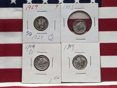 (4 Coins) 1929 P, 1943 P, 1944 D, 1944 P Mercury Dimes
