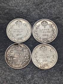 4 Consecutive, 1917-1918-1919-1920, .925% Sterling Silver-Nice Grades, Canada, 5c, Over 100 Years
