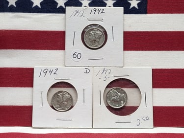 (3 Coins) 1942 P, D and S Mercury Dimes