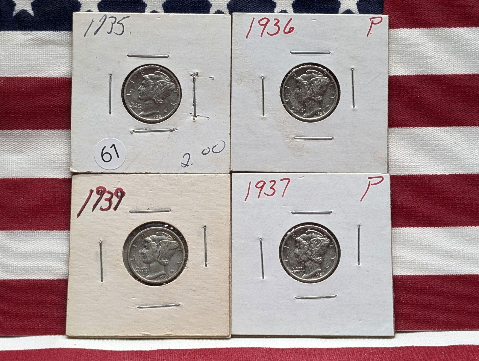 (4 Coins) 1935 P, 1936 P, 1937 P, 1939 P, Mercury Dimes (1 of 6)