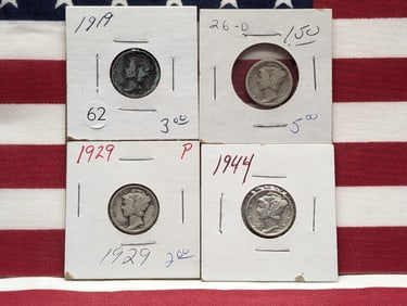 (4 Coins) 1919 P, 1926 D, 1929 P, 1944 P, Mercury Dimes